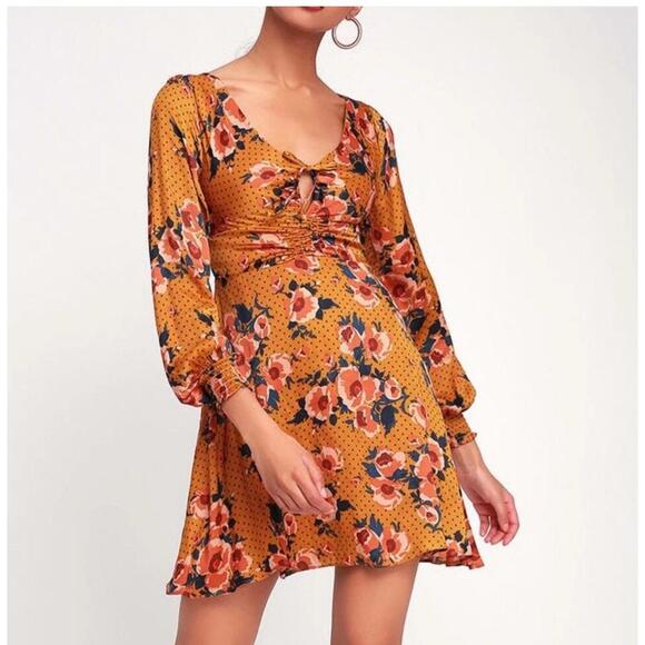 Free People Dresses & Skirts - Free People Long Sleeves Autumn Gold Floral Dress Sz 6/8 Knee Length Fall Boho